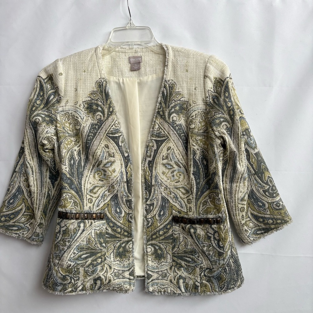 Chico's Paisley Open-Front Blazer - Cream, Gray, Green Size O (chicos) INV25/248